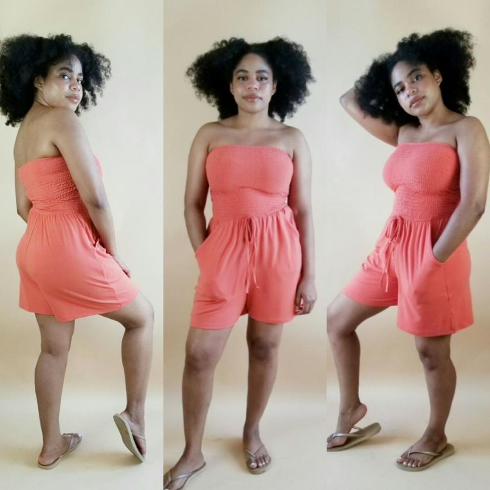 Smocked Tube Top Romper Coral